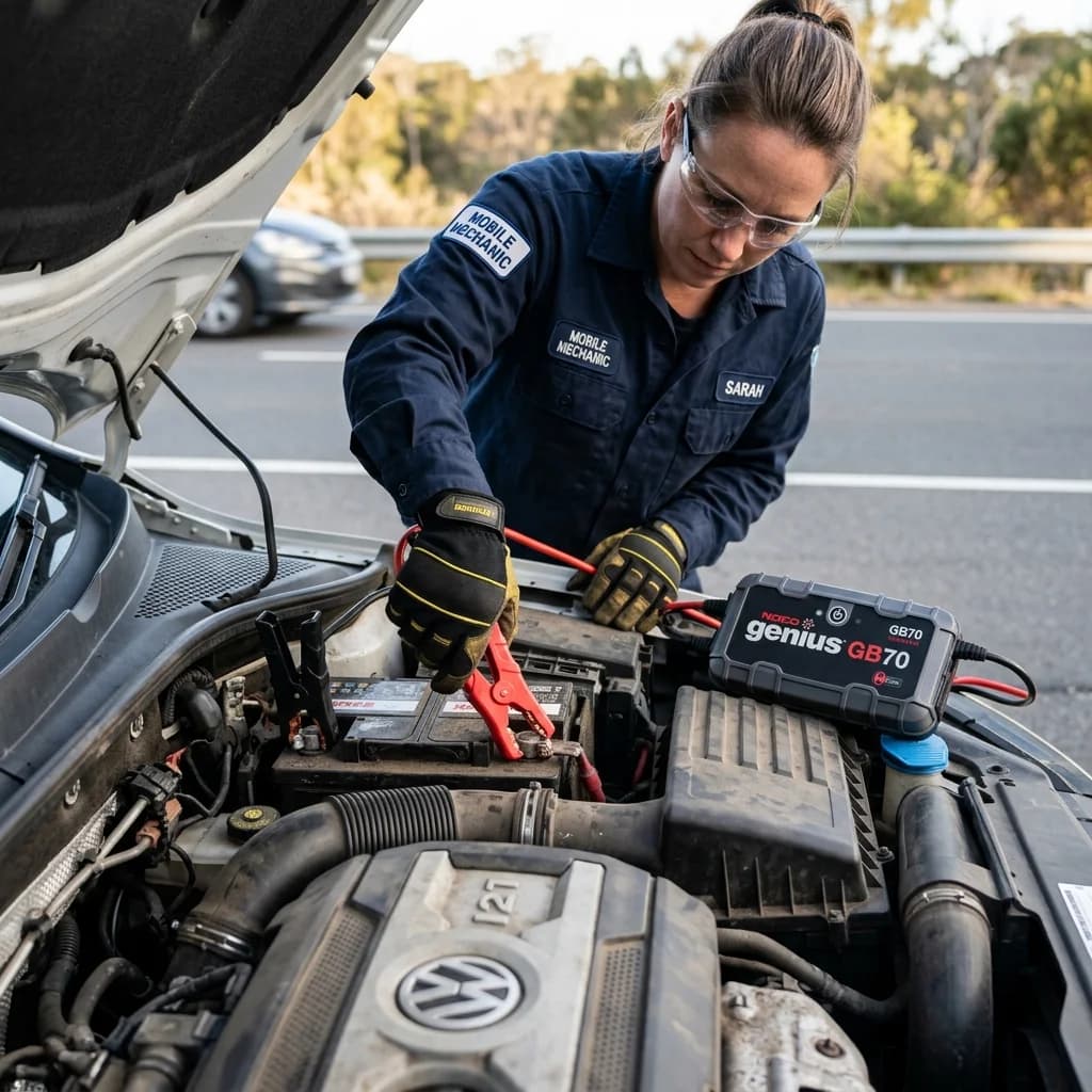 Technicien remplaçant une batterie de voiture en panne sur route