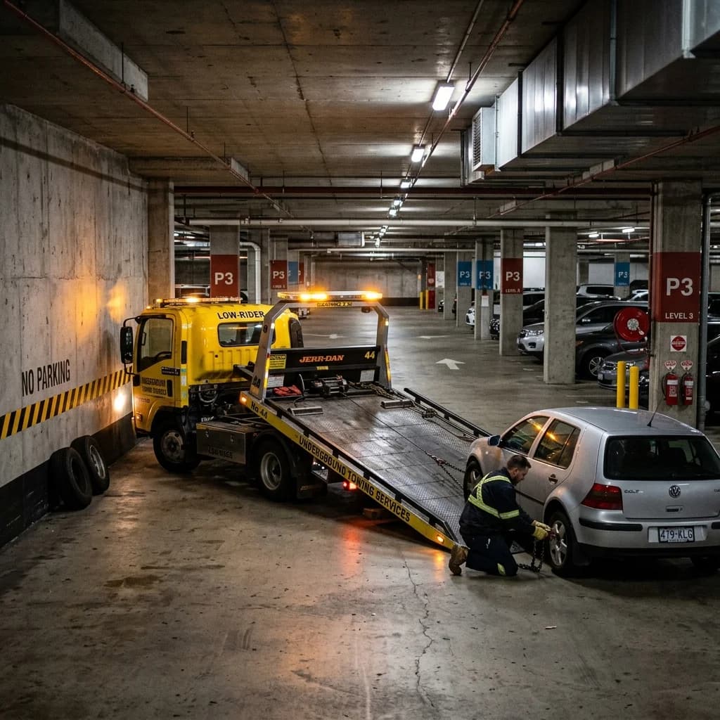Dépanneuse spéciale gabarit réduit extraisant une voiture d'un parking souterrain à Marseille