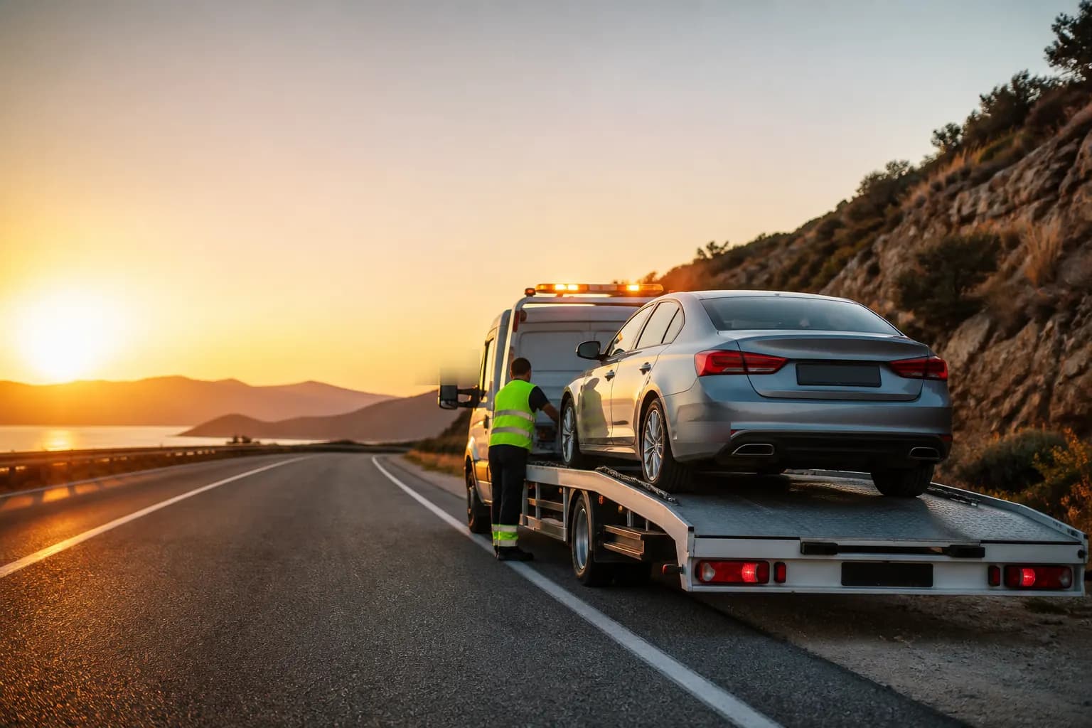 Dépanneuse remorquant une voiture près de Marseille au coucher du soleil — Remorquage13.fr