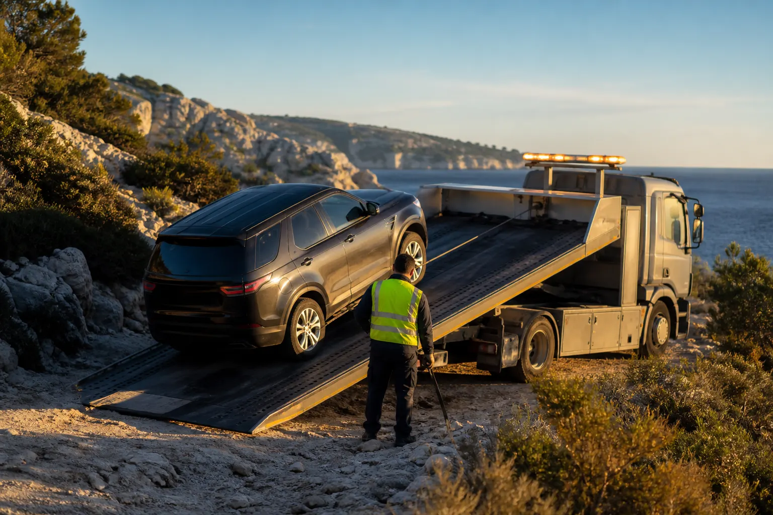 4×4 chargé sur plateau près des Calanques pour un dépannage 4×4 à Marseille