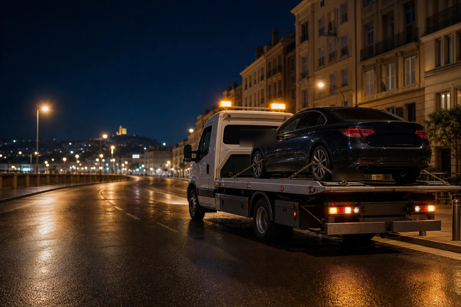 Dépanneuse en intervention nocturne pour un dépannage auto à Marseille