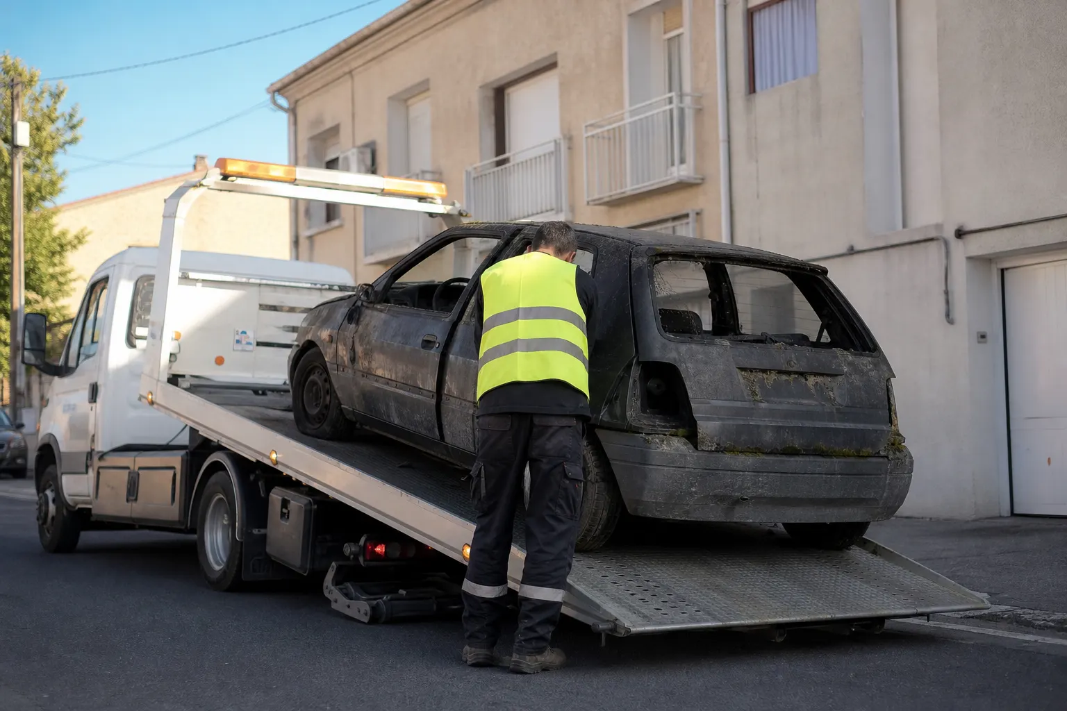 Véhicule hors d’usage chargé sur plateau pour enlèvement d’épave à Marseille