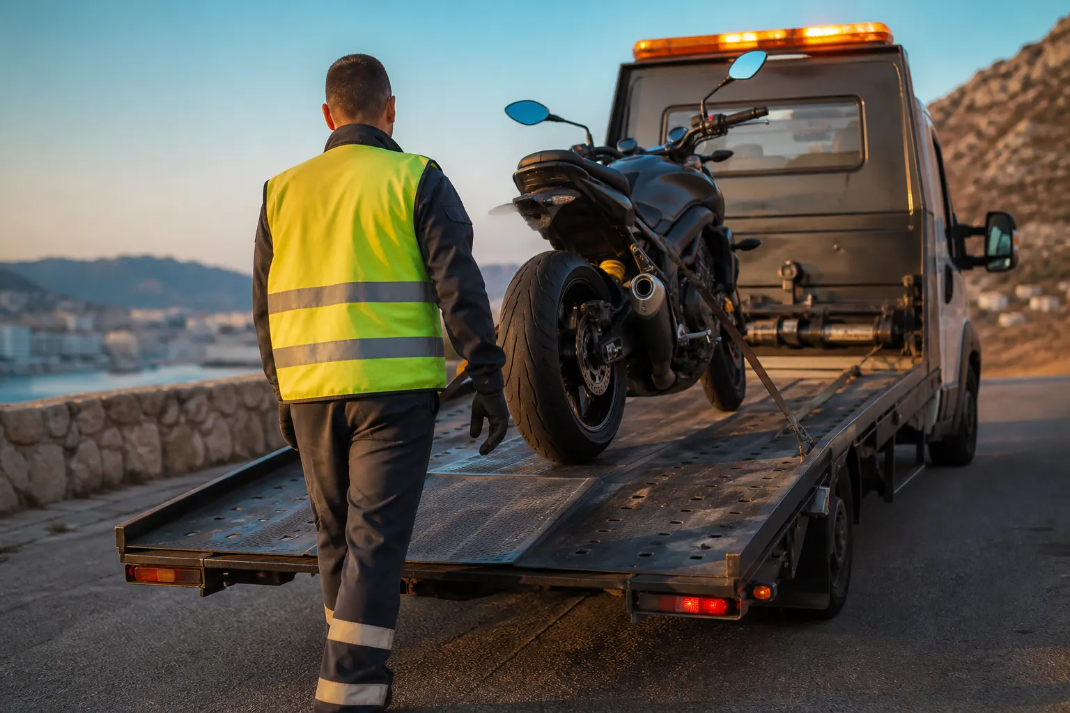 Moto chargée sur plateau de dépanneuse pour un remorquage moto à Marseille