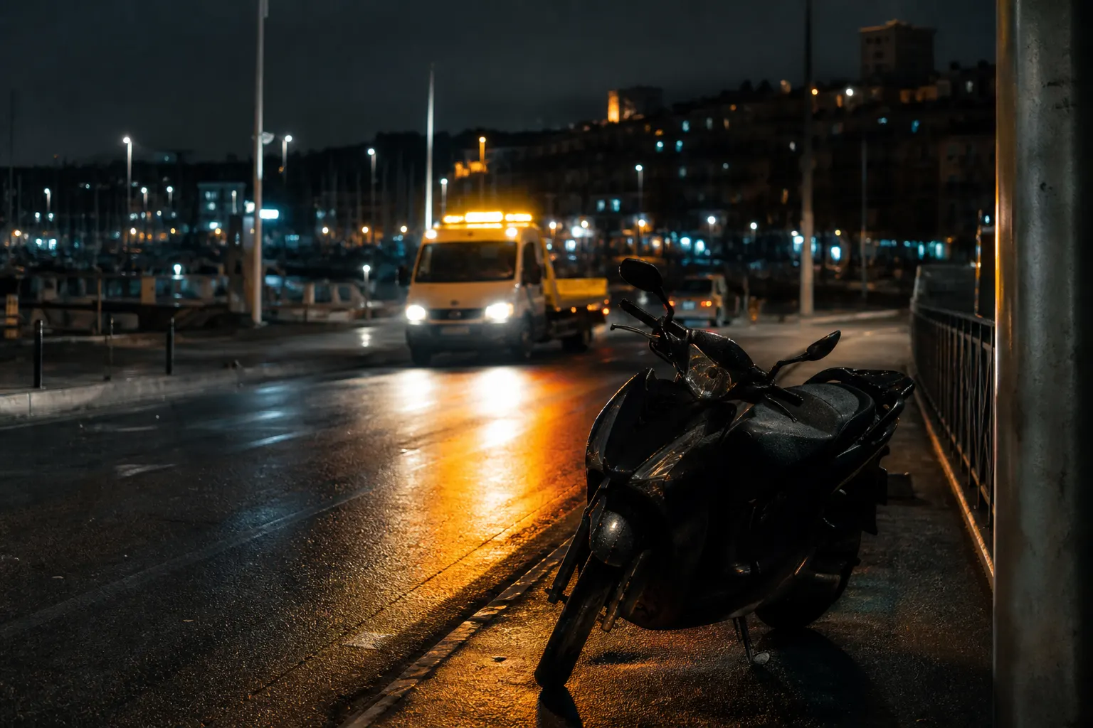 Scooter immobilisé de nuit avant remorquage scooter à Marseille