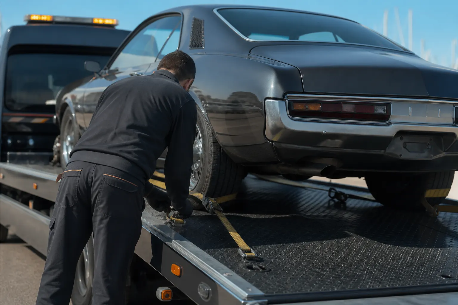 Voiture sécurisée sur plateau pour un transport de véhicule à Marseille